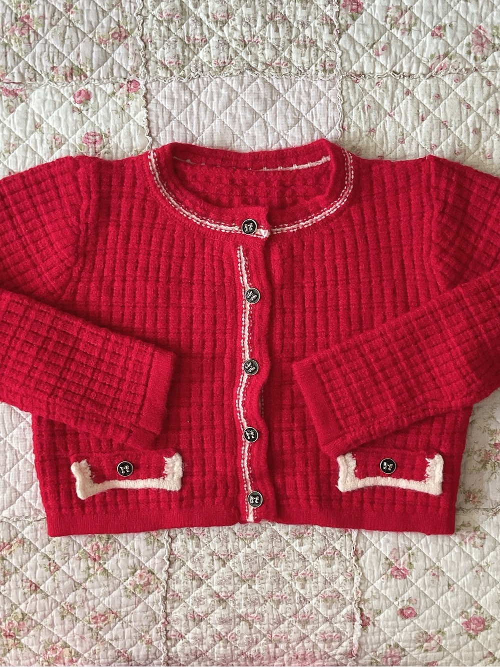 Red Knit Cropped Cardigan with Contrast Trim